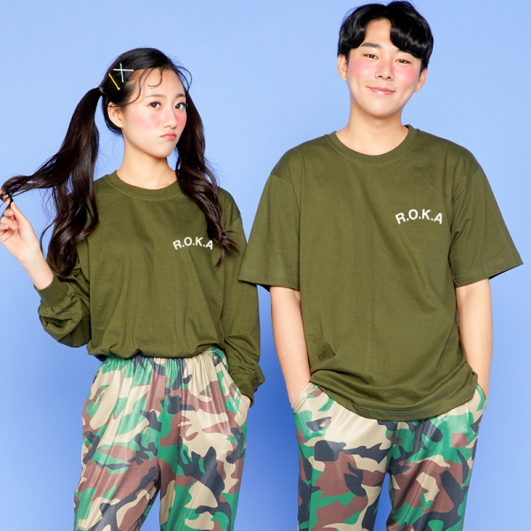 라운드 티셔츠 [카키-반팔/긴팔] + 개구리몸빼