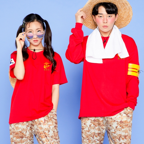 라운드 티셔츠 [레드 - 반팔/긴팔] + 디지털몸빼